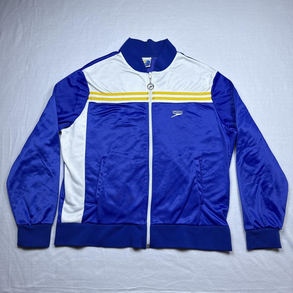 Vintage Speedo Track Jacket Mens XL Blue White Colorblock Retro Full Zip USA